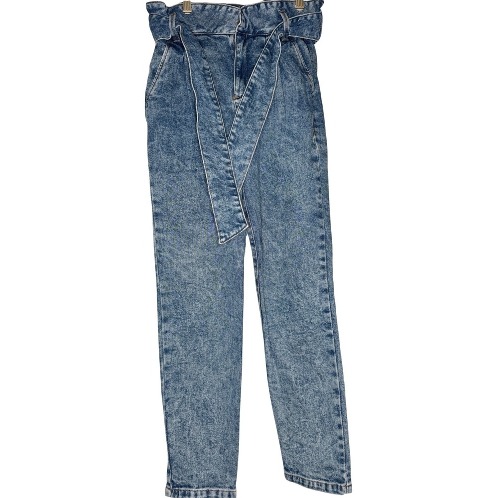 Sezane Austin Bleach Jeans Blue 34 High Waist Paperbag Tie Acid Wash French Girl